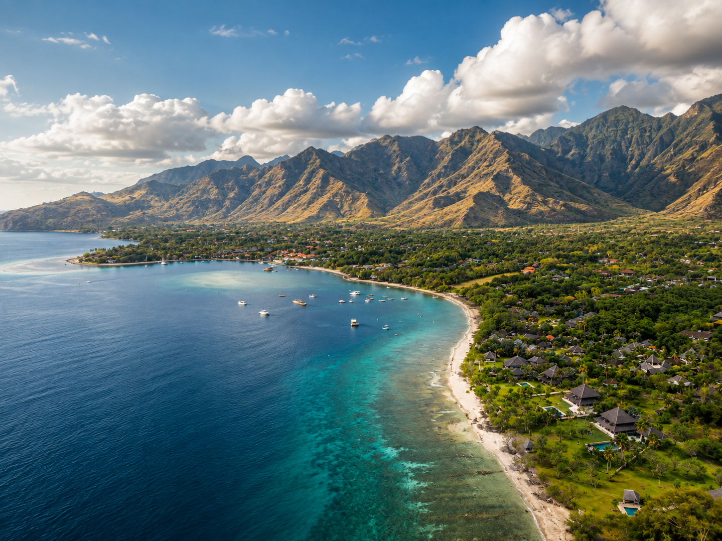 Aerial view of the West Bali coast with turquoise water and mountains